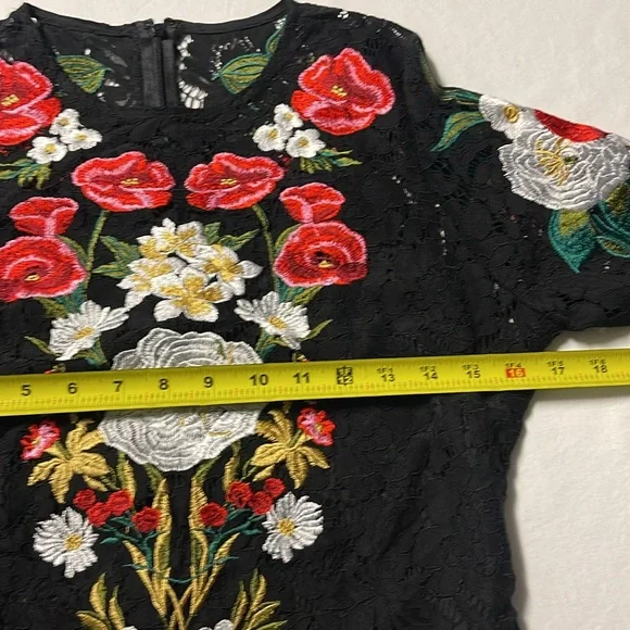 Embroidered Flowers Lace Luxury 3/4 Sleeve Midi Black lined Dress Back and front